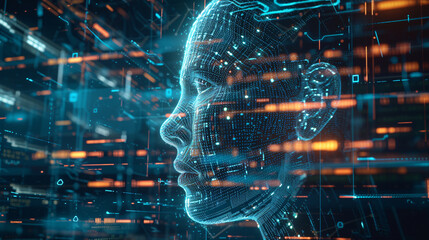 Conceptual Digital Human Face Embracing the Essence of Artificial Intelligence, Portrayed by Captivating Pixel Patterns.