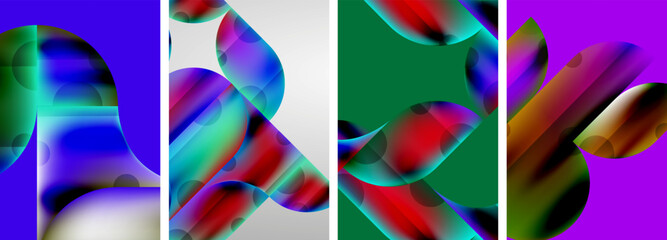 Set of colorful geometric posters - round shapes and circles with fluid color gradients. Abstract backgrounds for wallpaper, business card, cover, poster, banner, brochure, header, website