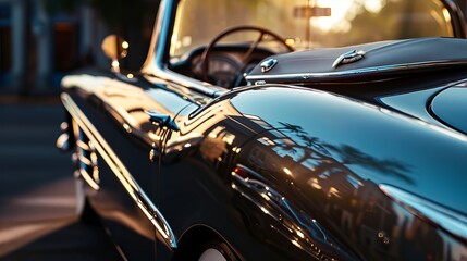 Vintage Black Car Parked on Urban Street at Sunset