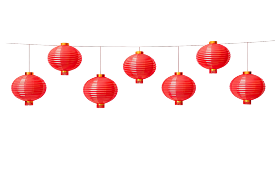 Radiant Illumination Chinese Lanterns on White or PNG Transparent Background.