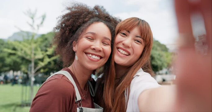 Happy woman, friends and selfie for photography, memory or picture at outdoor park together. Portrait of female person or people smile in friendship, hug or bonding for photo or capture in nature