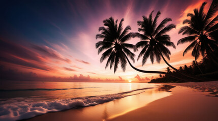 Pristine Paradise: Captivating Sunset and Silhouetted Palms Over Tropical Bliss