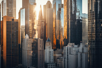 Sunrise illuminating skyscrapers in modern cityscape. Urban architecture and light.