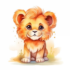 Lion baby watercolor in beautiful style. Animal wildlife holiday cartoon character. Poster design.