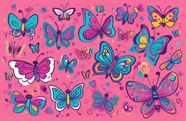 Drawn butterflies of different colors and sizes for decorations made of fabrics, notebooks, clothing, wallpaper, for use in the textile industry
