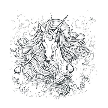 Cute unicorn with flowers. Isolated outline for coloring book