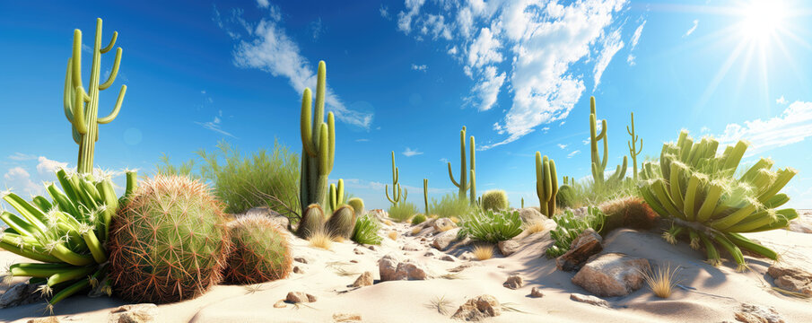 Beautiful natural scenery of blue sky background with cacti displayed on the sand