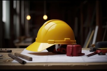Yellow, white, red, safety helmet on workplace desk with blueprint construction paper.