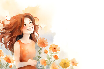 Watercolor cute happy cartoon girl in flower background illustration character for card print invitation graphic design
