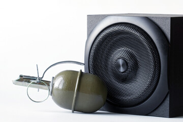 Hand grenade, next to a black audio speaker system. Create a visual metaphor for powerful sound or...