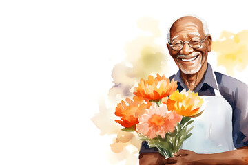 Watercolor cheerful aged black man in glasses holding flower bouquet portrait on white background with blank space for decoration