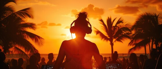Ocean Horizon and Palm Trees: DJ's Silhouette Against Vibrant Sunset Sky Silhouette of person with headphones, DJing at beach party, sunset backdrop, palm trees, laptop on table, vibrant sky