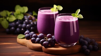 Two glasses Blueberry smoothie on a dark wooden background.