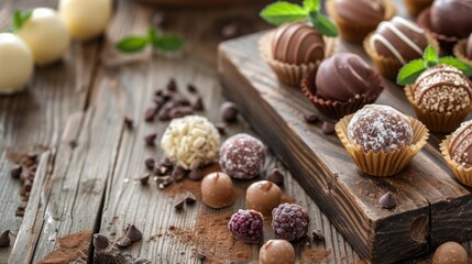 Fototapeta na wymiar Handmade natural chocolate candies showcased on a wooden background.