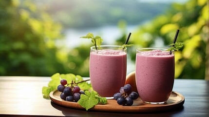 Two glasses of fresh grape smoothie on wooden table and natural background.