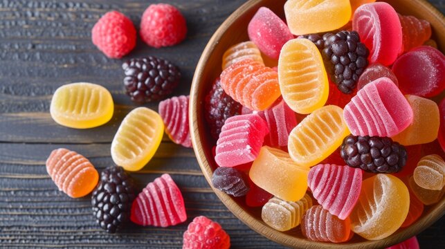 Image featuring handmade candies showcased on a wooden background, fruit jelly