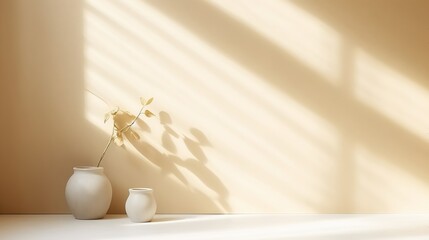 Minimalist interior with white vase on the floor with cream background and sunlight.