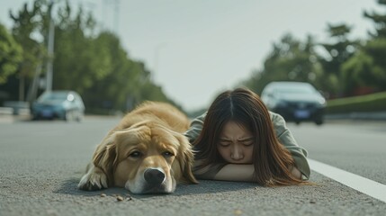 A dog was a car and died on the road. Asian girl sitting and crying. Low angle view. - obrazy, fototapety, plakaty