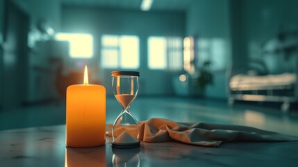 A lit candle and an hourglass on a table in the hospital.