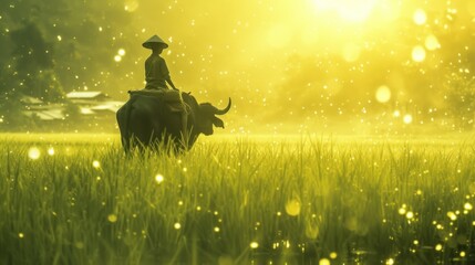 Obraz na płótnie Canvas A Vietnamese boy rides a buffalo to graze in the middle of a green field. The lights shine and the view is beautiful.