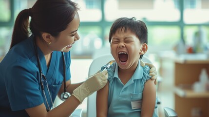 Asian nurse gives injection to crying child at hospital - obrazy, fototapety, plakaty