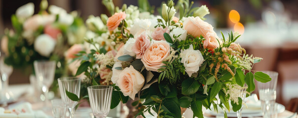 Obraz na płótnie Canvas Close up of wedding reception table setting with flower arrangements