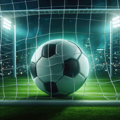 soccer ball in net on illuminated stadium field