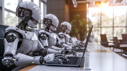 Creative AI image of a group of robots in a company sitting at a table and working with a laptop while looking at a screen in a modern office and using a prosthetic device. without humans - obrazy, fototapety, plakaty