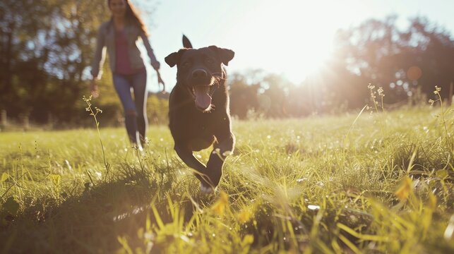 Creative AI image of a dog running and playing in the green meadow The girls are happy, the atmosphere is good.