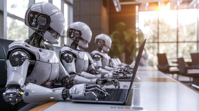 Creative AI image of a group of robots in a company sitting at a table and working with a laptop while looking at a screen in a modern office and using a prosthetic device. without humans
