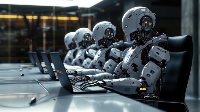 Creative AI image of a group of robots in a company sitting at a table and working with a laptop while looking at a screen in a modern office and using a prosthetic device. without humans - Powered by Adobe