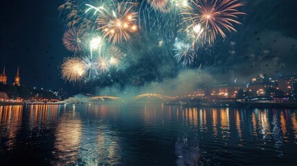 Fireworks exploded in the sky, beautiful. In the night there was a big river.