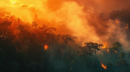 Forest fire, in the tropics, on the mountain, beautiful light.