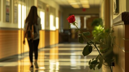 girl holding a red rose Walking into school, I was happy.