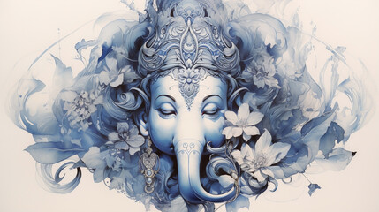 3D pencil sketch drawing of Indian god Ganesh blue tone in white background