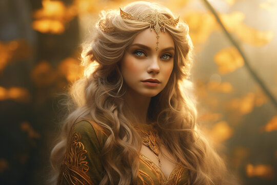 Beautiful elf woman standing nearly autumn tree in mystery forest. Generative AI
