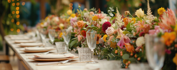 Close up of wedding reception table setting with flower arrangements