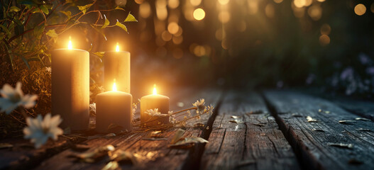 Candles on wooden table with golden bokeh, tranquil scene. Relaxation and serenity.