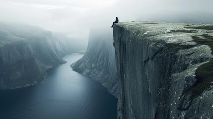 Person sitting on cliff edge, high above fjord, steep mountain walls, misty atmosphere, overcast sky, solitude, contemplative mood, vast nature, blue water below - obrazy, fototapety, plakaty