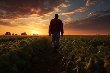 A farmer in a plaid shirt and cowboy hat stands in a lush field, watching over his crops as sunset
