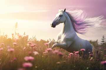 Obraz na płótnie Canvas White mane amazing horse running in beautiful flower field in countryside. Generative AI