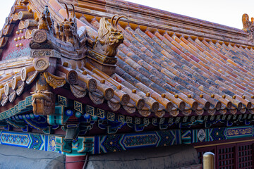 Beautiful Chinese architectural ornament in the form of a dragon head adorning a roof at a...