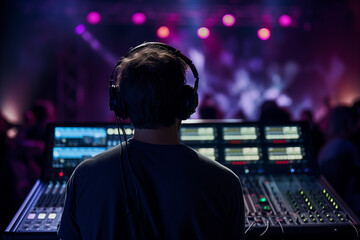 Audio engineer using headphones to identify and fix audio issues during a live performance. Generative AI