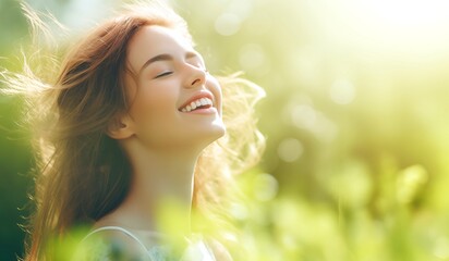 Fototapeta premium closeup happy beautiful woman's face in a healthy lifestyle with a blurred morning sun background