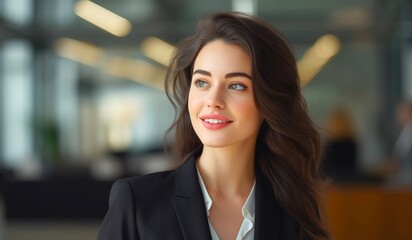 a businesswoman looking sideways wearing a black blazer with a blurred office background