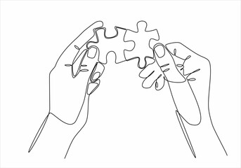 Continuous line drawing of hands Combining Two Puzzle Pieces isolated on white background.