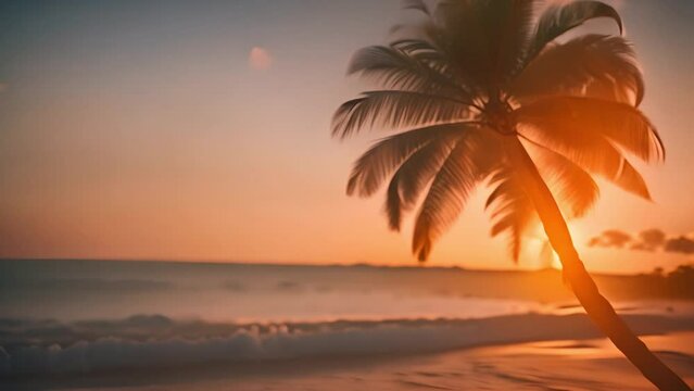 Palm Tree on Sandy Beach at Sunset Generative AI