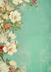 Decorative floral, botanical vintage background with copy space. Biege flowers border on turquoise backdrop with space for text. Good for scrapbooking, stories