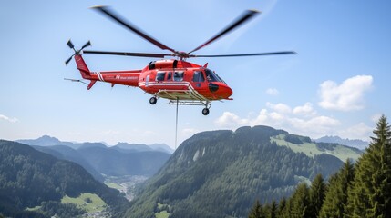 Fototapeta na wymiar Red rescue helicopter with working propeller flying in the mountains. Emergency medical, air rescue, coast guard service. Safety and travel insurance concept