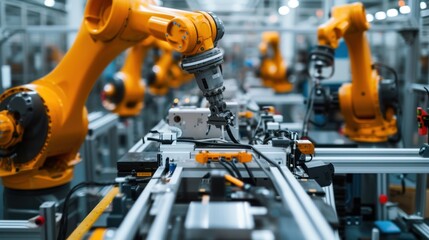 Fototapeta premium In companies in the robot industry, robot production, employees do modern technology.